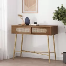 Rustic Glam Console Table with Wicker Accents, Walnut