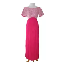 Vintage Lorrie Deb Bridesmaid Dress Pink Damask Floral Full Length Silver