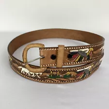 Handmade Belt Men's 32 Leather Tooled Horse Indian Headdress Painted Embossed