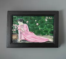 ORIGINAL OIL PAINTING VIETNAMESE WOMAN LOTUS LANDSCAPE SIGNED FRAMED 4x6