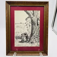 Framed Original Tree Landscape Pen and Ink Drawing Black Ink Signed 13.5 X 10.5”