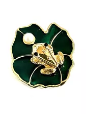 Frog Brooch On Green Enamel Lily Pad W 3mm Cultured Pearl 1.5 In By JJI