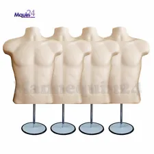4 pack Male Torso Mannequin Forms FLESH w/4 Stands +4 Hanging Hooks Men Clothing