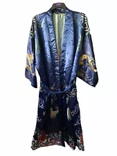 Oriental Kimono Silky Satin Dressing Gown Robe Dragon Blue Black XL Men Women