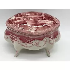 Red Transferware Footed Jewelry Box Trinket Box Victorian Scene Swans