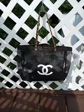 Chanel Black Mesh (Beaute VIP/GWP) Tote Bag With Gold Tone Chain Handles