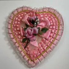 Vintage HEART SHAPED VALENTINE CANDY BOX 9” Pink Roses Satin Ribbon Lace 1970s