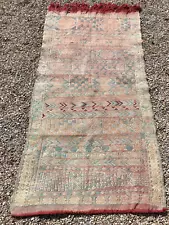 Vintage Moroccan rug Handmade Carpet / wool, Berber Design Teal / Red 64 X 32