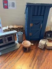 Dollhouse miniature 1/12 scale outdoor items including rabbit hutch and outhouse