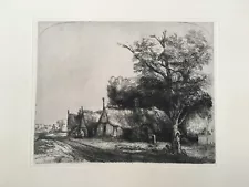 REMBRANDT Etching Landscape & Gabled Cottages Stunning & Rich Etched Copy 1928