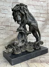 Large Art Deco African Lion Safari Bronze Sculpture Marble Base Figurine Sale