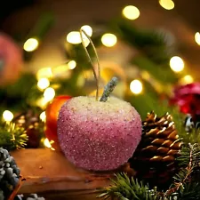 Beautiful Pinkish Red Sugared Look Sparkle Apple Fruit Christmas Tree Ornament