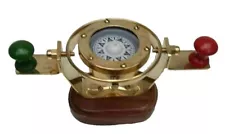 Antique Marine Nautical Brass Gimballed Ship Bridge Compass With Wooden Base