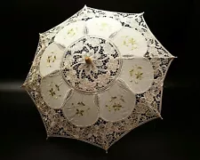 20" Ivory Gold Wedding Lace Linen Parasol Umbrella Bridal Shower Party Decor