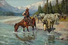 Hitting the Trail, Vintage Print by Philip R. Goodwin, Horses, River, Mountains