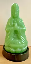 Heavy Green Jade Buddha Statue on Wooden Stand