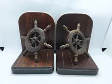 Vintage Wooden Ships Wheel Book Ends Nautical Decor 6" High Set of 2