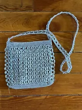 Small Gray Crocheted Repurposed Soda Can Pop Tabs Shoulder Purse Bag w Zipper