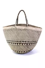 Guanabana Womens Woven Straw Open Top Tote Bag Medium Beige Black Handbag