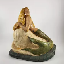 Vintage Wood Carving Solid Hickory Mermaid On Shell 12" X 12" Handpainted Signed