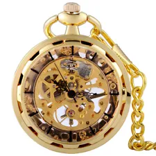 Luxury Gold Mechanical Pocket Watch Windup Pendant Skeleton Steampunk Gift Chain