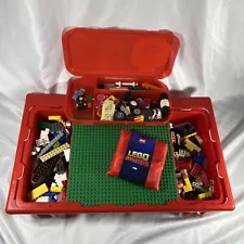 1998 Lego Lap Tray Table Storage Red Sliding Green Bases w/ Figures + Pieces