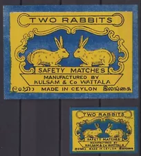 Old matchbox labels Ceylon, Two Rabbits Kulsam & Co Wattala PACKET & BOX SIZE