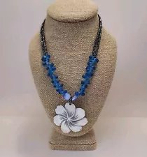 Tropical Flower Mother of Pearl Pendant Necklace Blue Beach Sea Glass Seed Bead