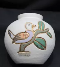 Mexican Pottery Vase Bird on Cactus Desert Signed Gardiel 24K Gold Glaze Accents