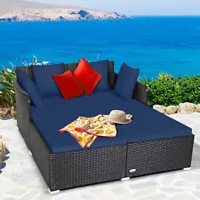 Patio Rattan Daybed Pillows Cushioned Outdoor Furniture Curved Backrest Navy