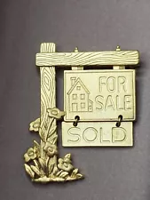 JJ Real Estate Realtor SOLD House For Sale Brushed Gold Tone Pin Brooch Vintage