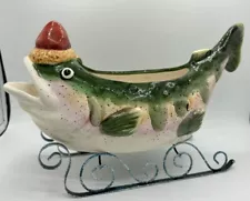 Funny Weird Cool Rainbow Trout Wearing A Santa Hat On Sled-Planter? Candy Dish?