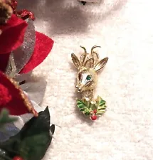 CLASSIC CHRISTMAS PIN BROOCH REINDEER RUDOLPH ANTLERS BOW GARLAND GOLD TONE X22M