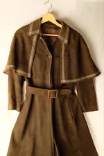 70s Hippie Duster Cowhide Brown Concho Cowboy Coat Leather Trench Boho Cape Vtg