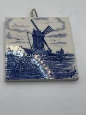 Vintage Delft Hand Painted Miniature Ceramic Tile Windmill 2x2 2” Square Blue