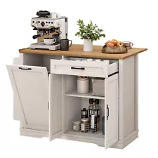 Rolling Kitchen Island Cart with Drop Leaf & Trash Can Cabinet Trolley Island