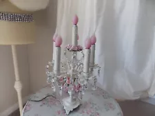 VTG. SHABBY HOLLYWOOD REGENCY 6-ARM WHITE CANDELABRA LAMP W/ CRYSTALS, ROSES &