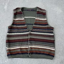 Roundtree & Yorke Mens Sweater Vest L Green Stripes Button Up Vintage Grandpa