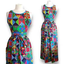 Vintage 70s Womens Apron Dress Sz M L Floral Patchwork Print Maxi Wrap Pinafore