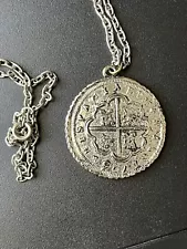 Spanish 8 Reales Coin Replica Silvertone Pendant w/ 30” Chain