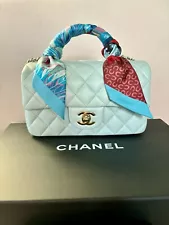 Chanel Mini Rectangular Flap Bag with Top Handle Light Blue Champagne Hardware