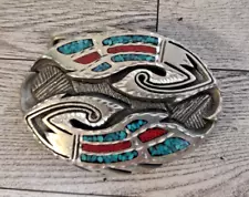 Vintage '95 Western Tribal Silver looking Turquoise & Coral Chip Belt Buckle