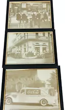 Set Of 3 Coca Cola Framed Black and White Photos Pictures Vintage Cars Shop 1991