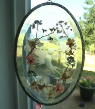 Hummingbird Dried Flowers Suncatcher Window Ornament Etched Beveled Glass Oval