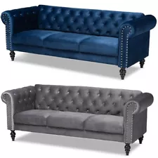 Velvet Chesterfield Trans Sofa Button Tuft Silver NailHead Spindle Leg Gray Blue