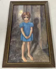 Vintage 1962 Margaret Keane Big Eyes Child Artwork Framed 14" x 9"