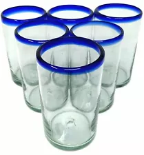 Hand Blown Mexican Drinking Glasses – Set of 6 Glasses with Cobalt Blue Rims...