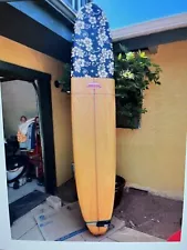 BEAUTIFUL 9'8" DAVID NUUHIWA HAWAIIAN FLORAL DESIGN AND WOOD VENEER SURFBOARD