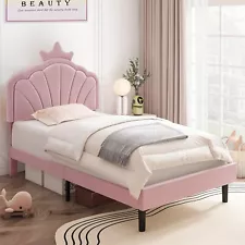 VECELO Twin Size Upholstered Bed Frame Pink Child Bed with Adjustable Headboard