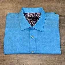 Bugatchi Mens Short Sleeve Button Up Shirt Size (XL) Blue Cotton Floral Trim B18